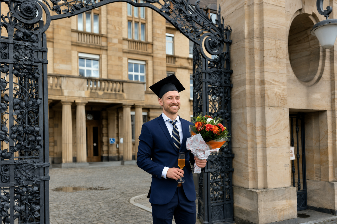 Mann im Anzug mit Doktorhut hält einen Blumenstrauß und ein Glas Sekt vor einem historischen Gebäude