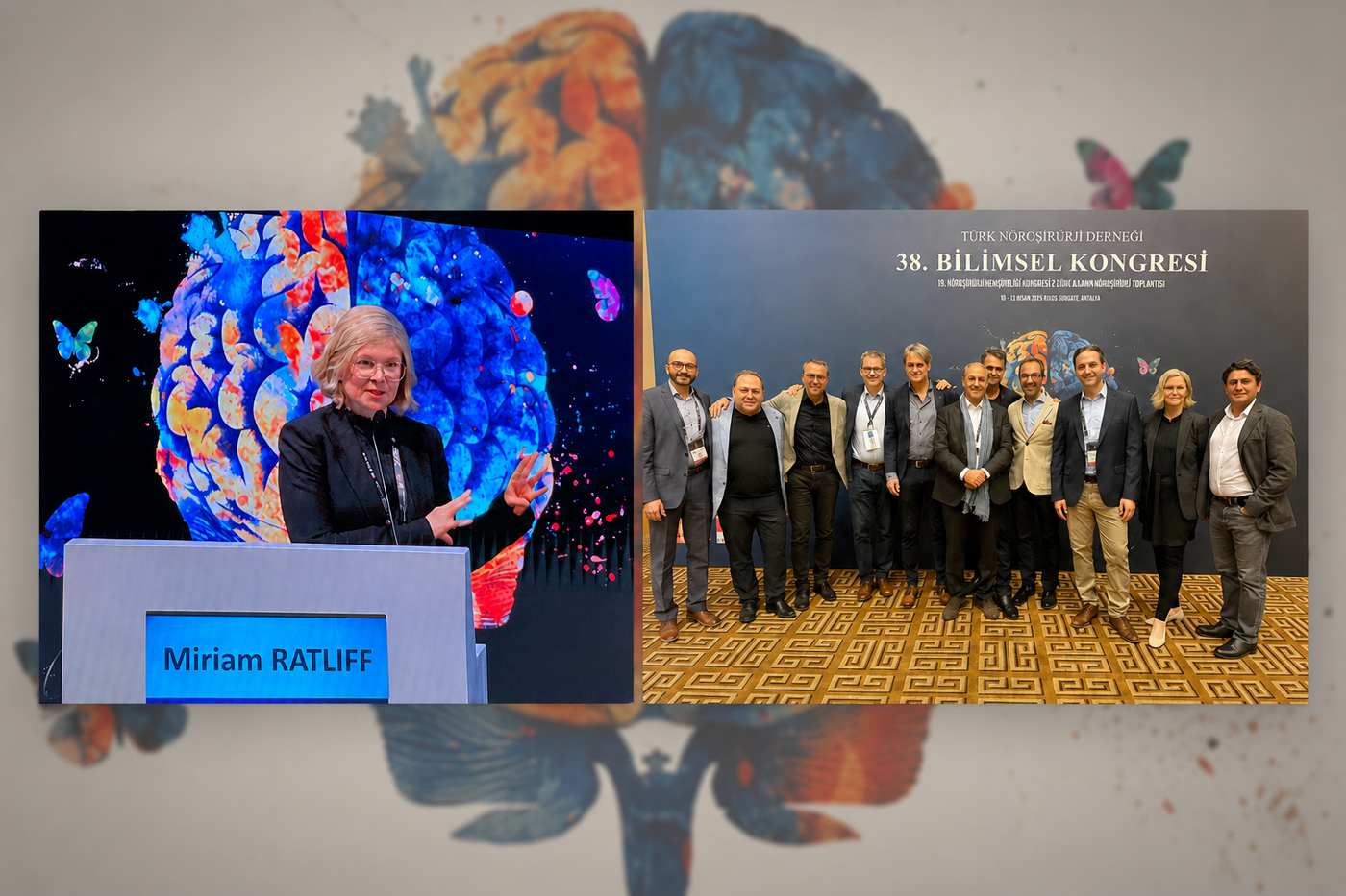 Links steht eine Frau mit grauen Haaren hinter einem Rednerpult mit dem Schild 'Miriam RATLIFF', rechts steht eine Gruppe von elf Personen in einem Konferenzraum vor einer Wand mit dem Schriftzug '38. BİLİMSEL KONGRESİ'